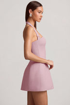 Chic Pinstripe Halterneck Structured A-Line Mini Dress in Mauve