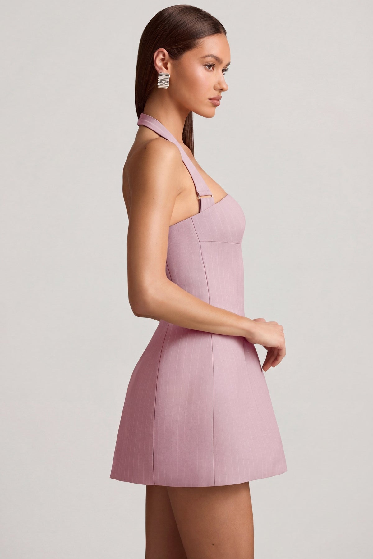 Chic Pinstripe Halterneck Structured A-Line Mini Dress in Mauve