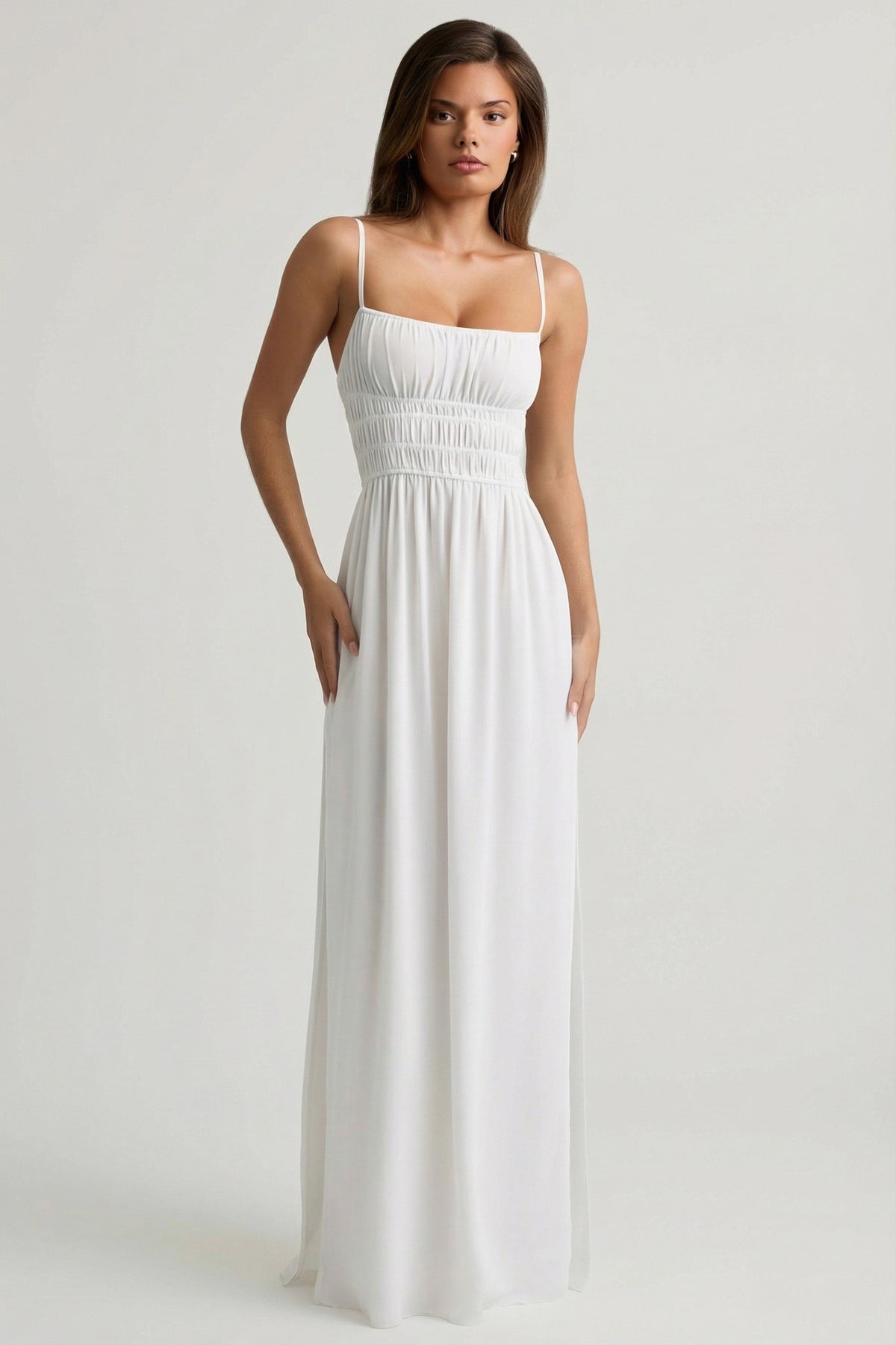 Chic Shirred Camisole Maxi Dress in White