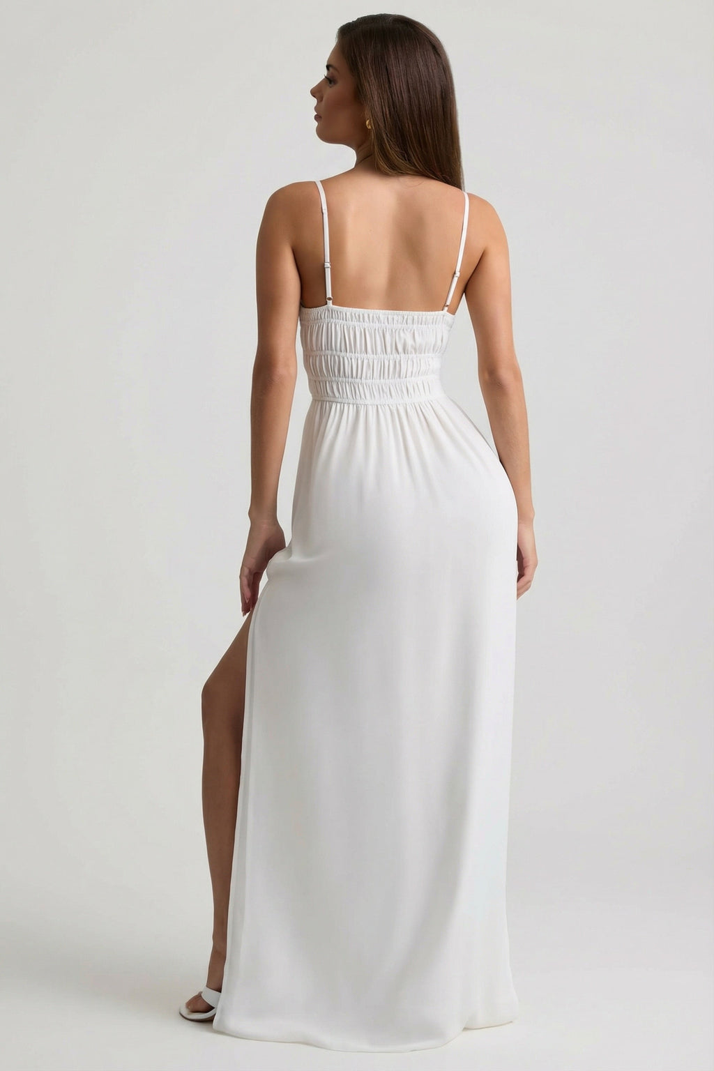 Chic Shirred Camisole Maxi Dress in White