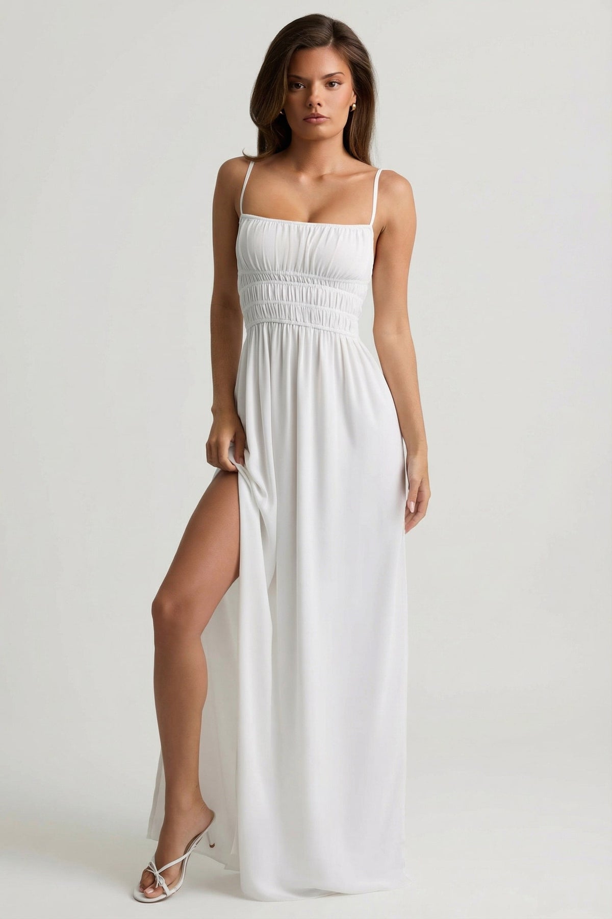 Chic Shirred Camisole Maxi Dress in White