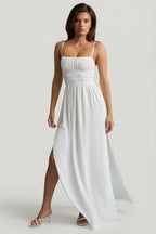Chic Shirred Camisole Maxi Dress in White