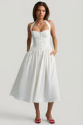 Chic Button-Detail Halterneck Midaxi Dress in White