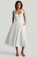Chic Button-Detail Halterneck Midaxi Dress in White
