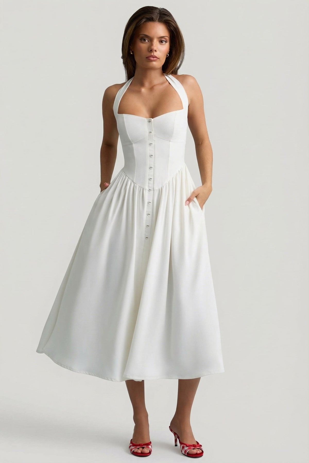 Chic Button-Detail Halterneck Midaxi Dress in White