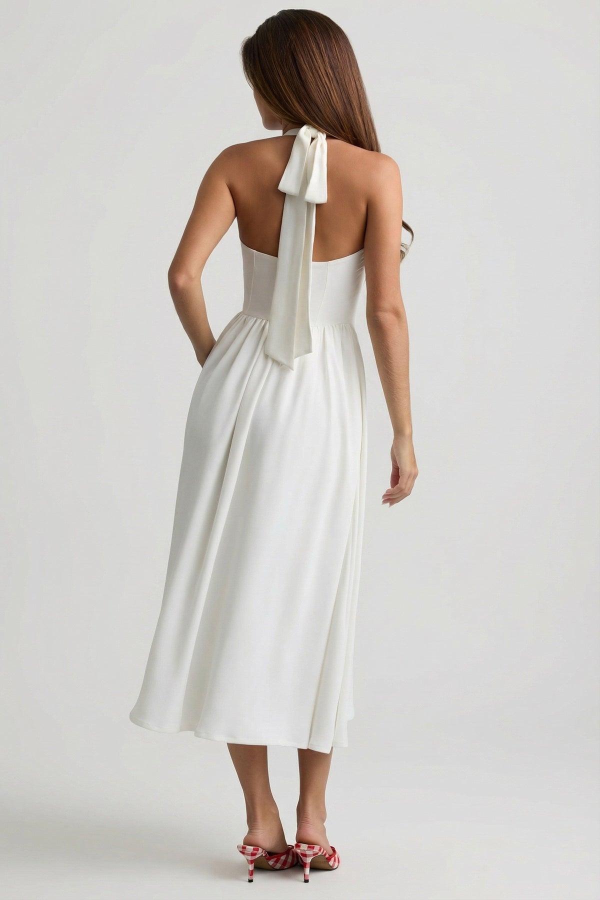 Chic Button-Detail Halterneck Midaxi Dress in White