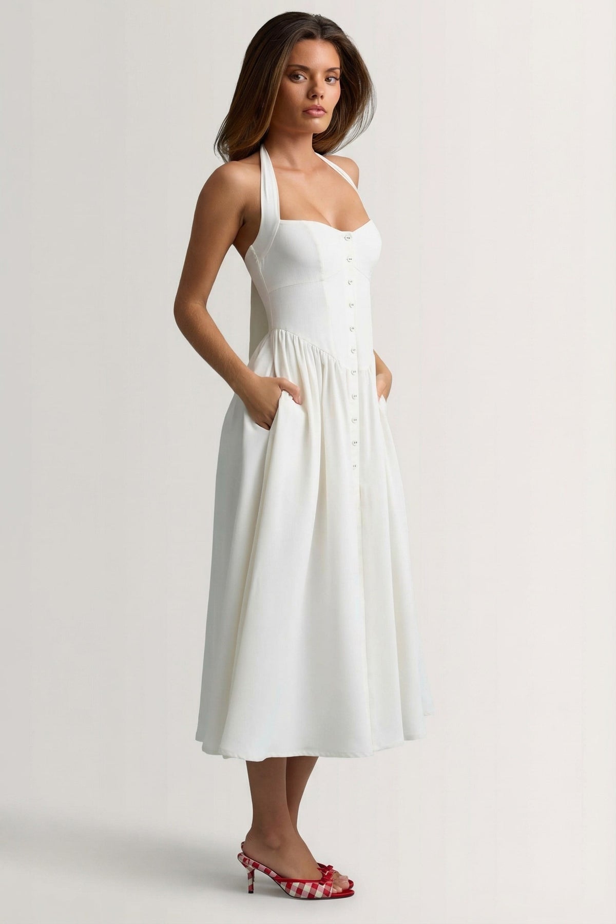 Chic Button-Detail Halterneck Midaxi Dress in White
