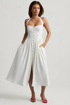 Chic Button-Detail Halterneck Midaxi Dress in White