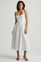 Chic Button-Detail Halterneck Midaxi Dress in White