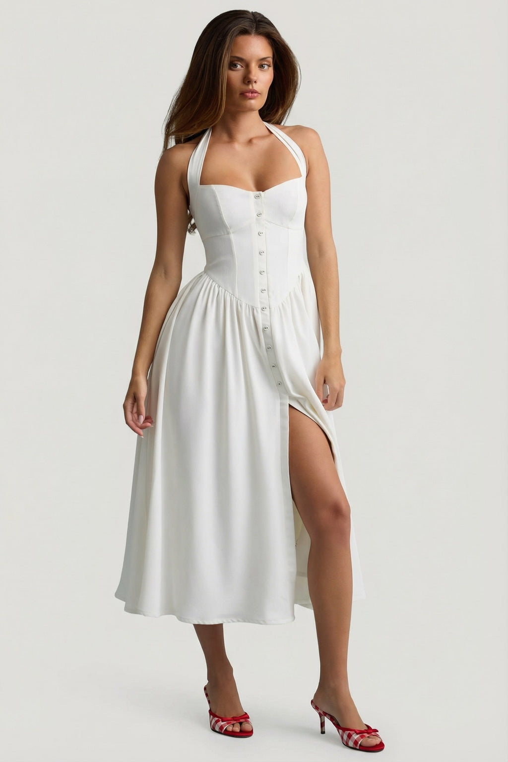 Chic Button-Detail Halterneck Midaxi Dress in White
