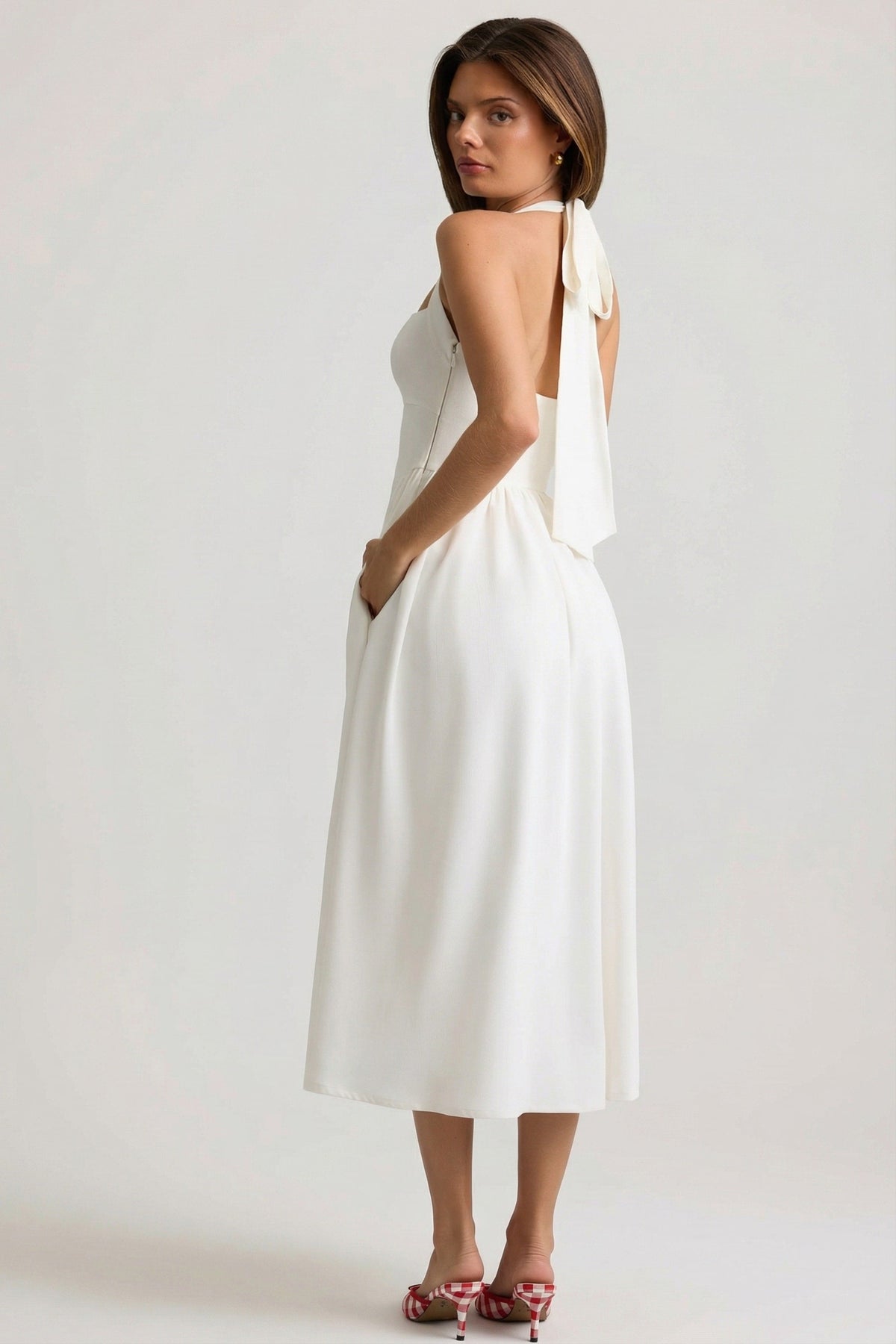 Chic Button-Detail Halterneck Midaxi Dress in White