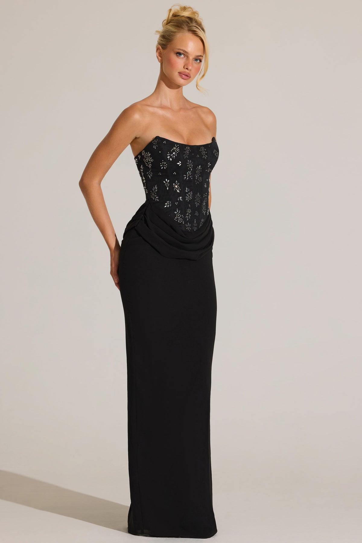 Chic Embellished Corset Maxi Dress in Black