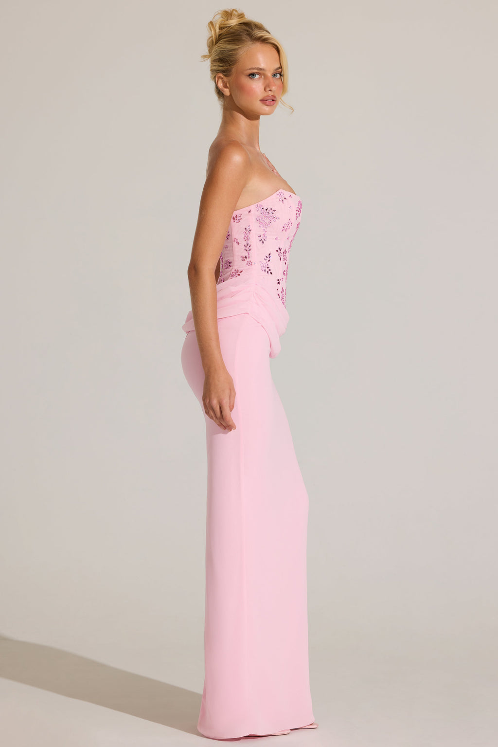 Chic Embellished Corset Maxi Dress in Blossom Pink
