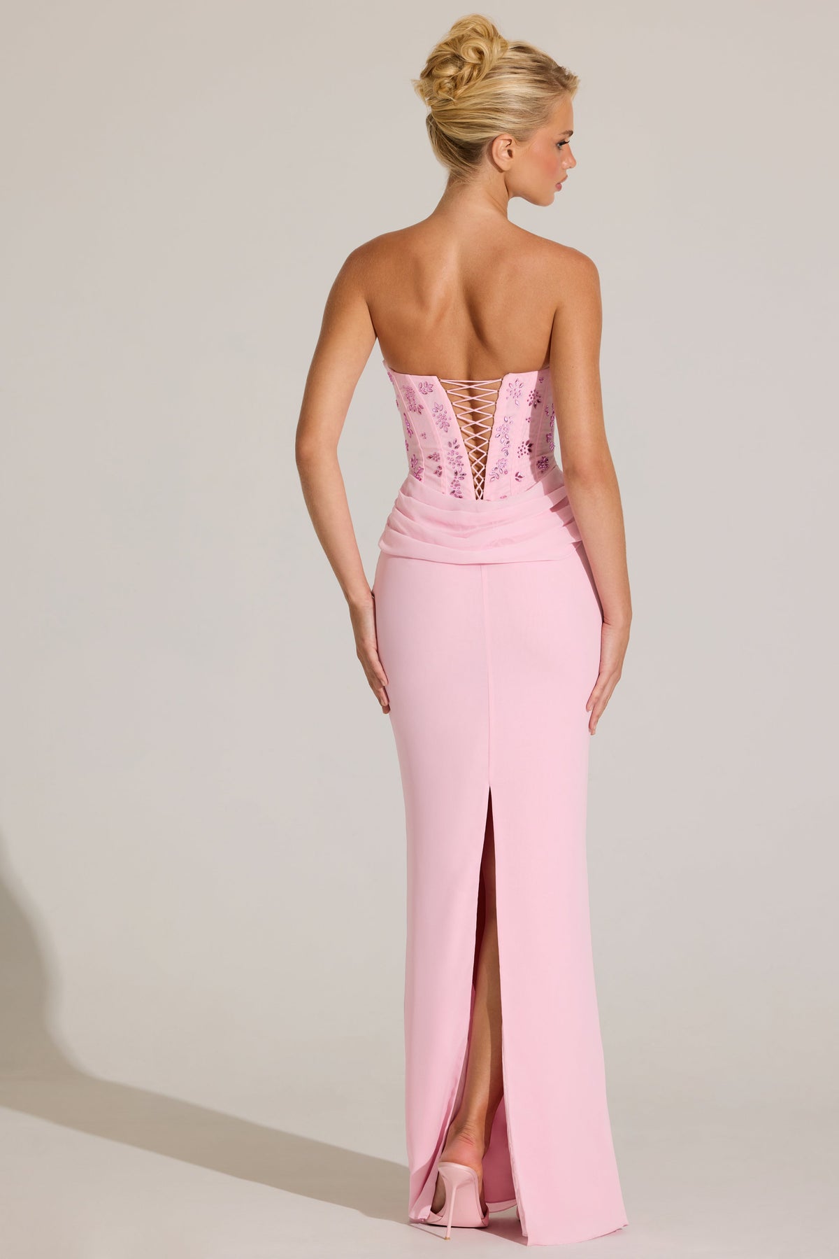 Chic Embellished Corset Maxi Dress in Blossom Pink