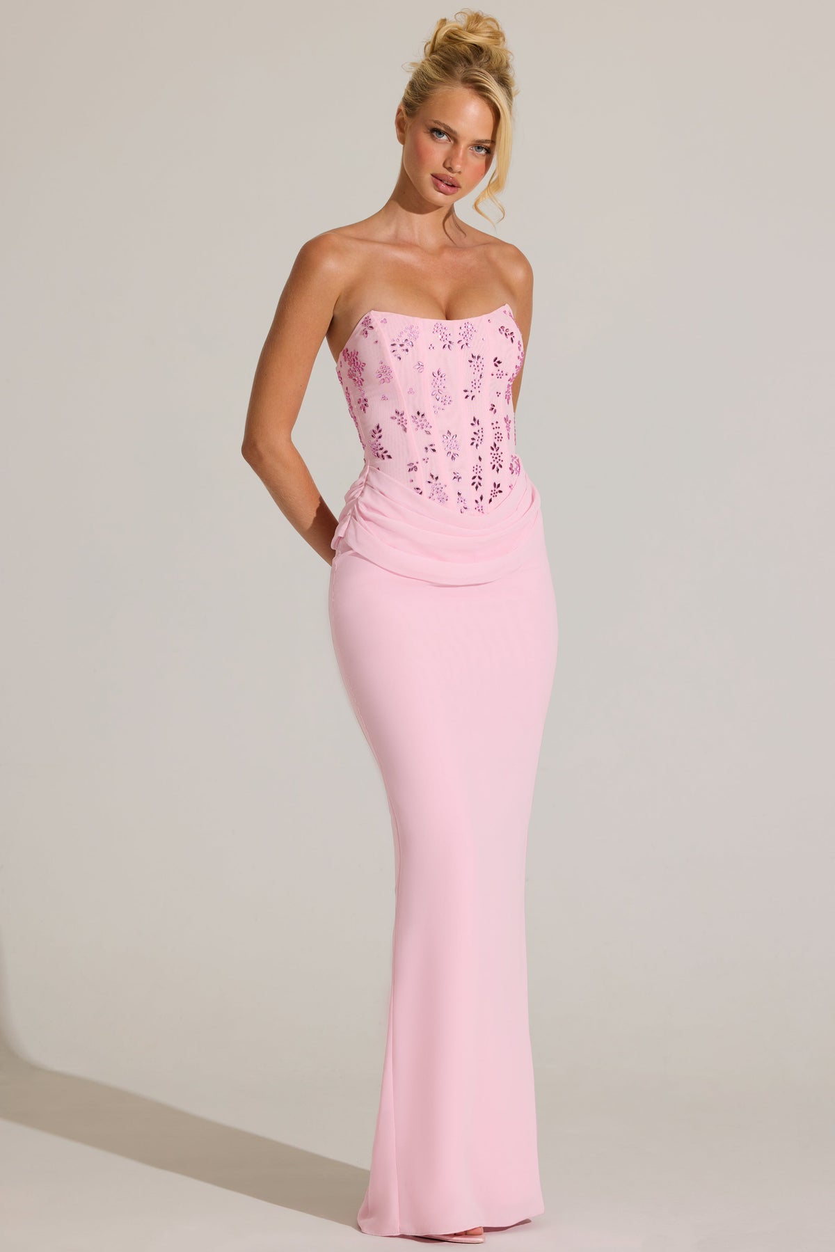 Chic Embellished Corset Maxi Dress in Blossom Pink