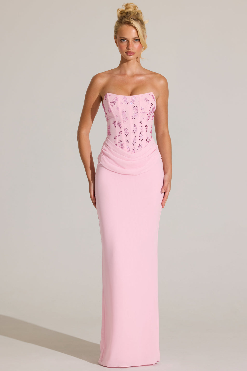 Chic Embellished Corset Maxi Dress in Blossom Pink