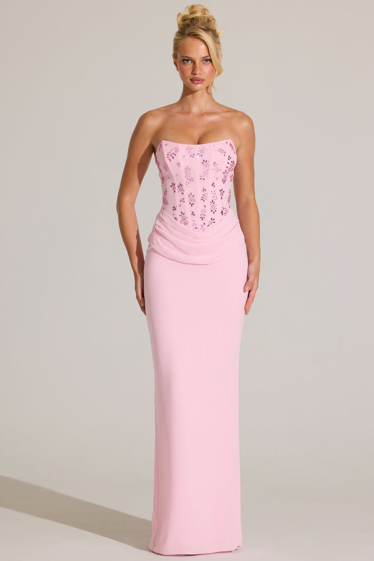 Chic Embellished Corset Maxi Dress in Blossom Pink