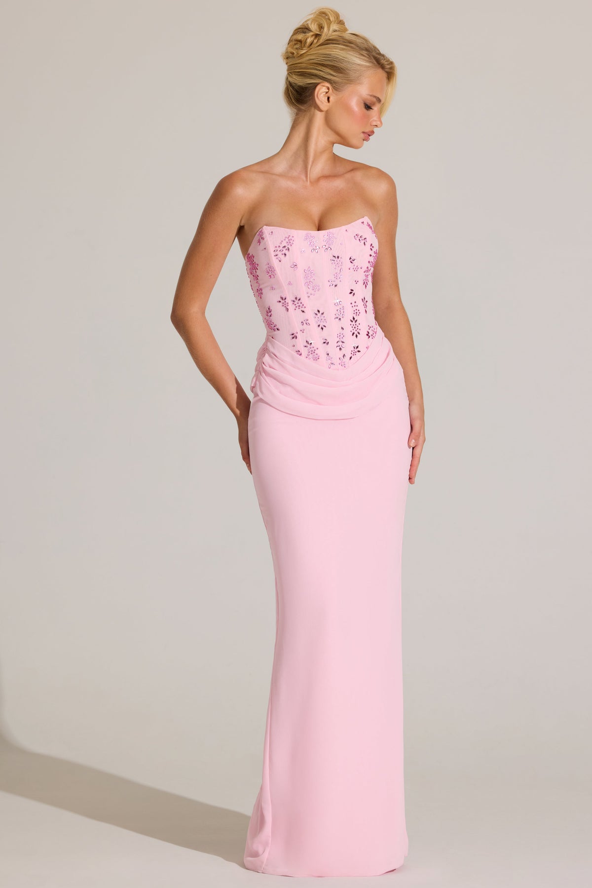 Chic Embellished Corset Maxi Dress in Blossom Pink