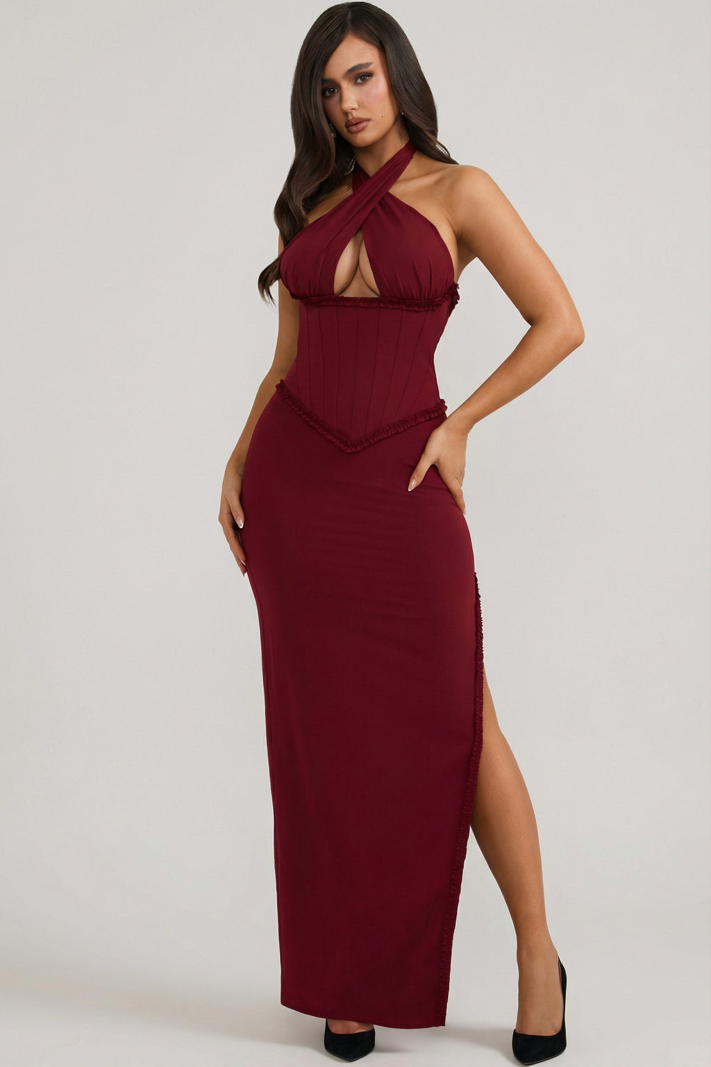Chic Halterneck Lace-Up Corset Maxi Dress in Berry Red
