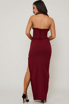 Chic Halterneck Lace-Up Corset Maxi Dress in Berry Red