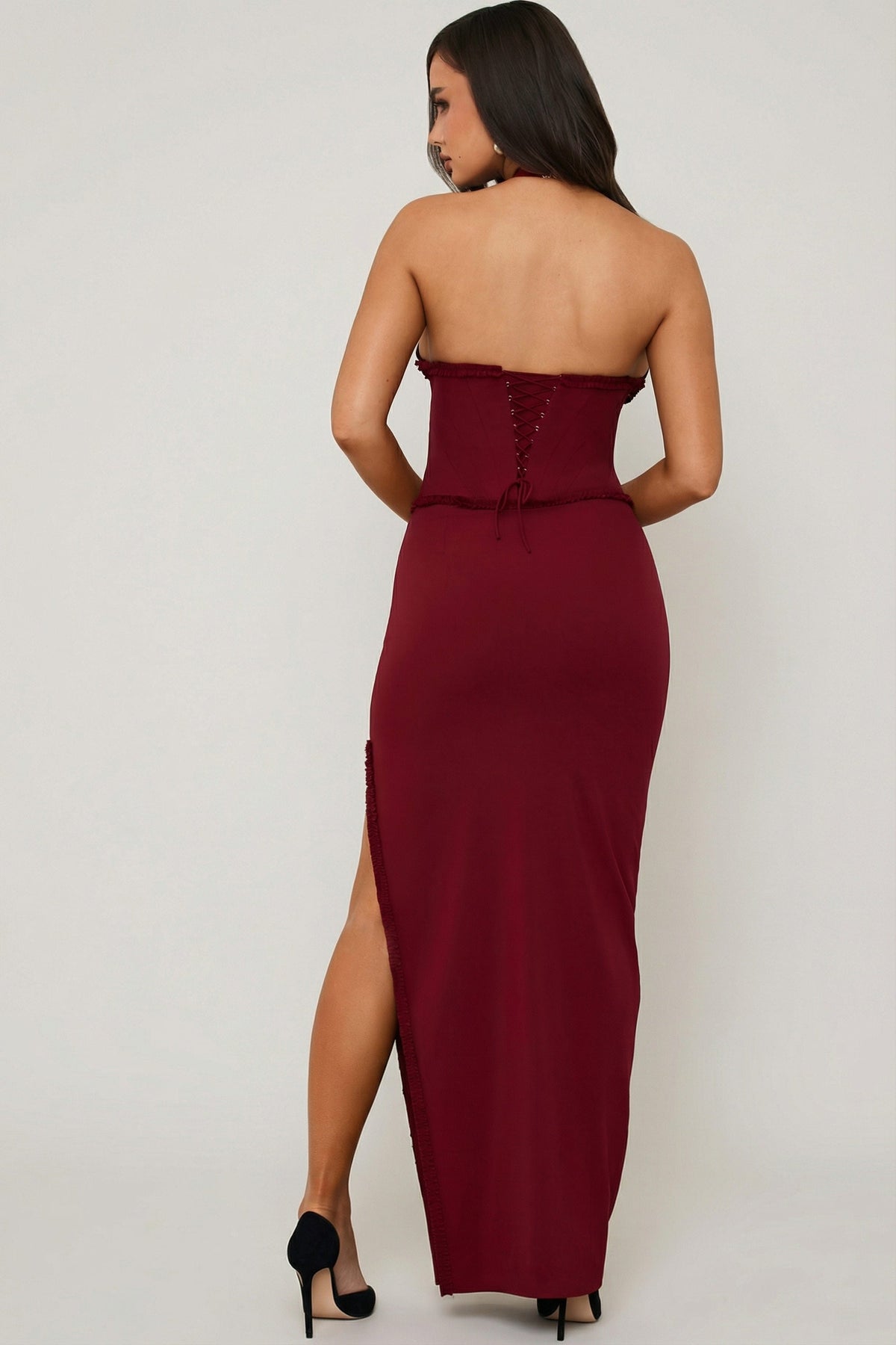 Chic Halterneck Lace-Up Corset Maxi Dress in Berry Red