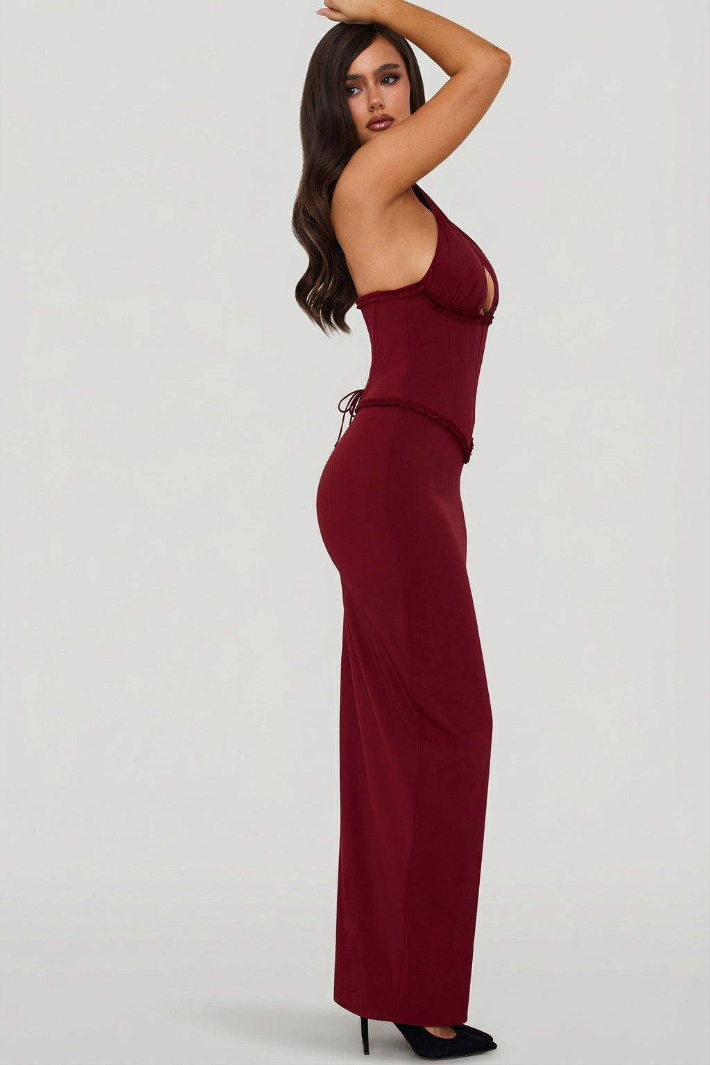 Chic Halterneck Lace-Up Corset Maxi Dress in Berry Red