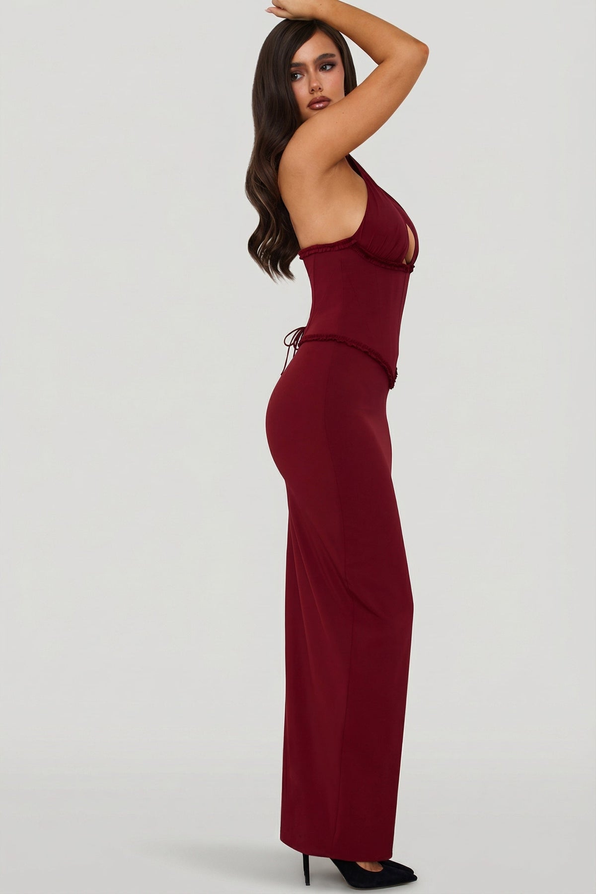 Chic Halterneck Lace-Up Corset Maxi Dress in Berry Red