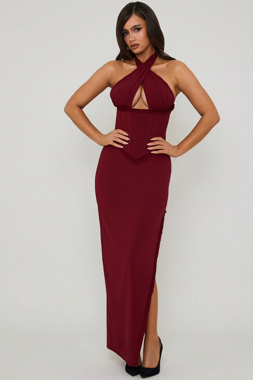 Chic Halterneck Lace-Up Corset Maxi Dress in Berry Red
