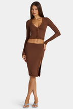 Chic Modal Lace-Trim Low-Rise Midi Skirt in Cocoa Brown