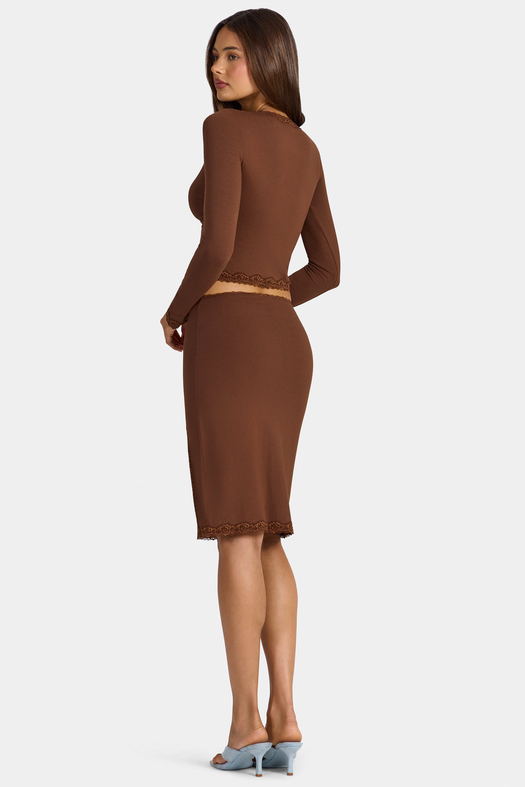 Chic Modal Lace-Trim Low-Rise Midi Skirt in Cocoa Brown