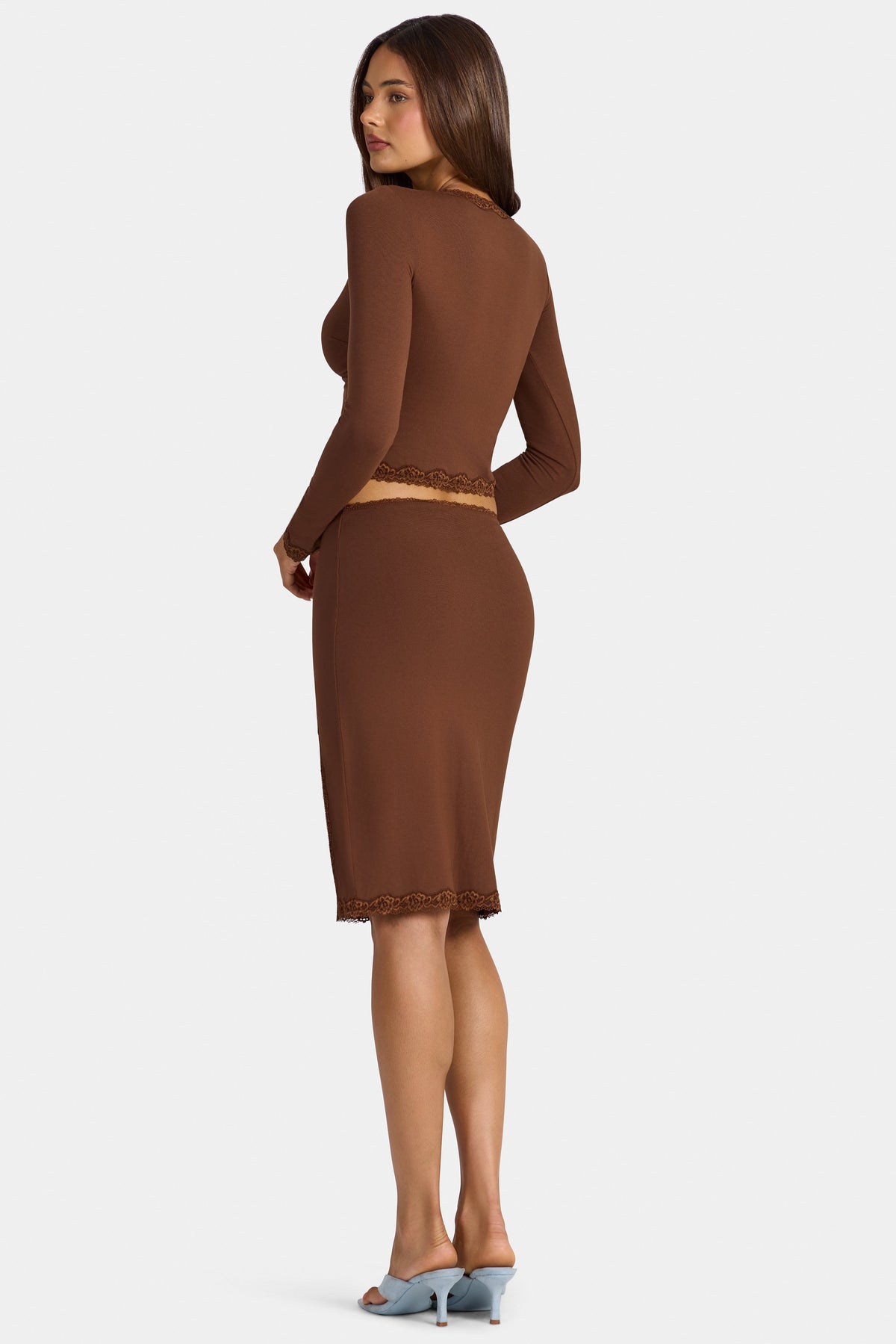 Chic Modal Lace-Trim Low-Rise Midi Skirt in Cocoa Brown