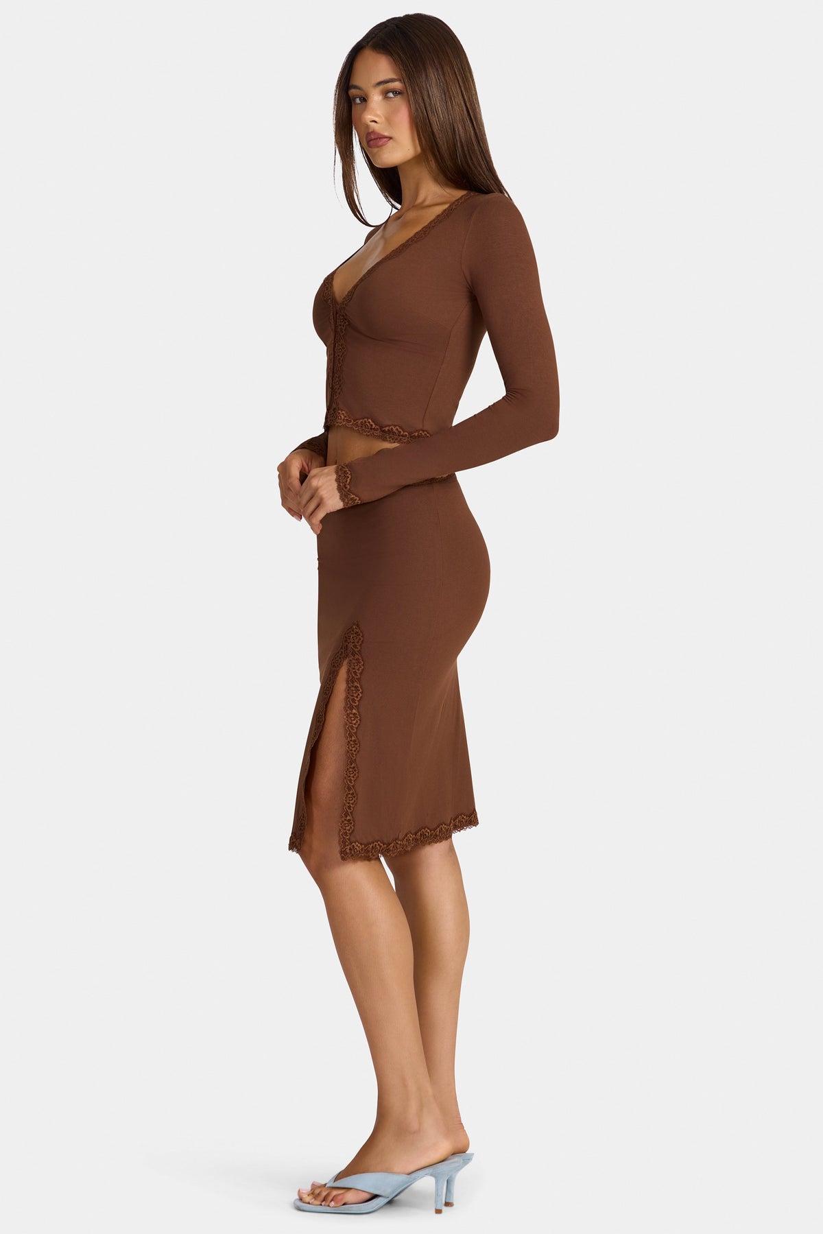 Chic Modal Lace-Trim Low-Rise Midi Skirt in Cocoa Brown
