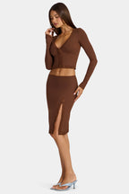Chic Modal Lace-Trim Low-Rise Midi Skirt in Cocoa Brown