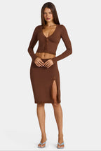 Chic Modal Lace-Trim Low-Rise Midi Skirt in Cocoa Brown