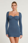 Chic Long Sleeve Ruched Modal Cashmere Blend Mini Dress in French Navy
