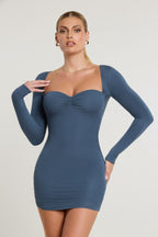 Chic Long Sleeve Ruched Modal Cashmere Blend Mini Dress in French Navy
