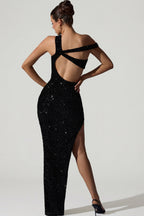 Chic Embellished Asymmetric Cut-Out Gown in Black
