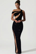 Chic Embellished Asymmetric Cut-Out Gown in Black