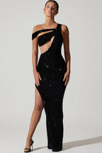 Chic Embellished Asymmetric Cut-Out Gown in Black