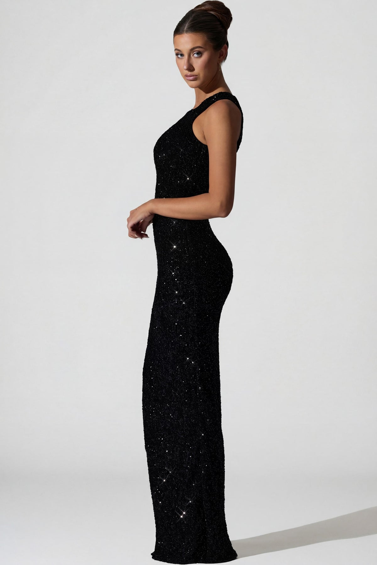 Chic Embellished Asymmetric Cut-Out Gown in Black