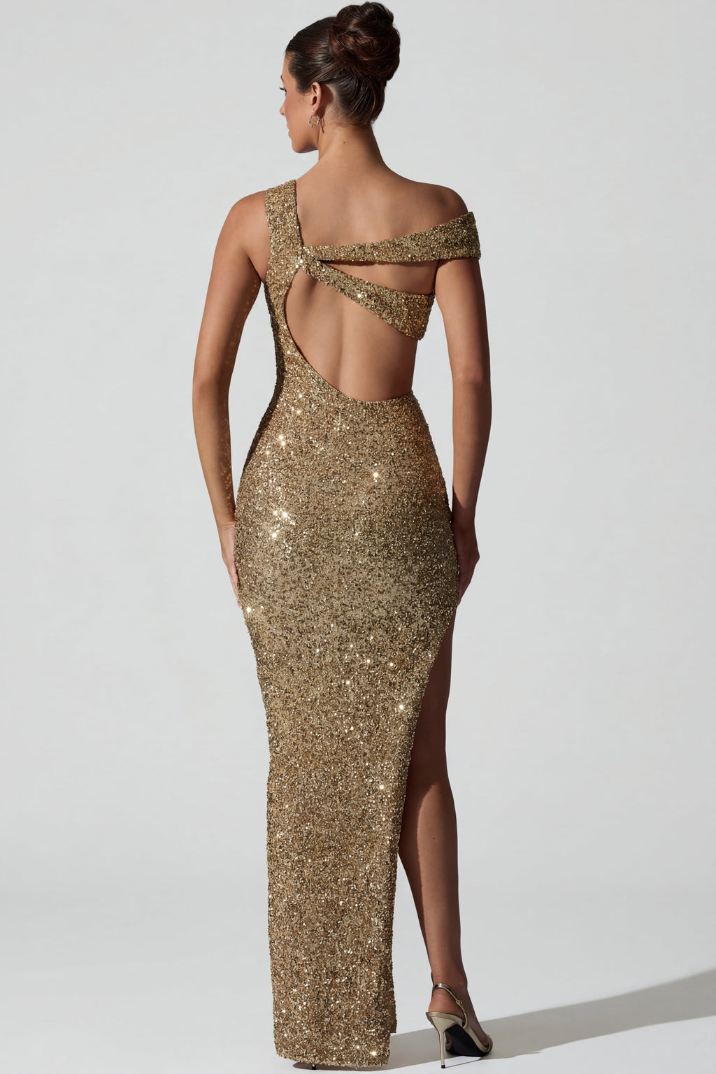 Chic Embellished Asymmetric Cut-Out Gown in Gold