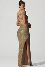 Chic Embellished Asymmetric Cut-Out Gown in Gold