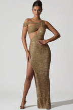 Chic Embellished Asymmetric Cut-Out Gown in Gold