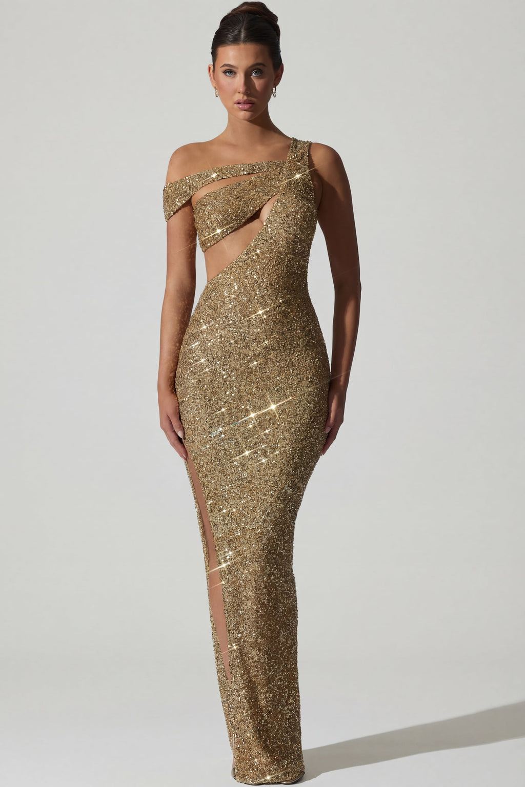 Chic Embellished Asymmetric Cut-Out Gown in Gold