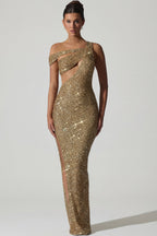 Chic Embellished Asymmetric Cut-Out Gown in Gold