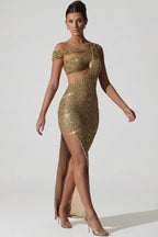 Chic Embellished Asymmetric Cut-Out Gown in Gold