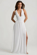 Chic Plunge Cross-Back Maxi Dress in White