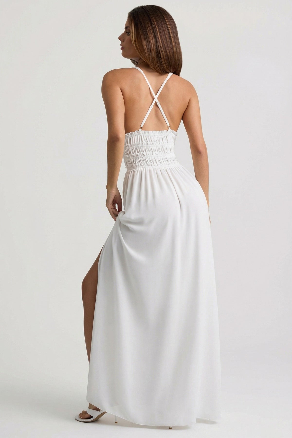 Chic Plunge Cross-Back Maxi Dress in White