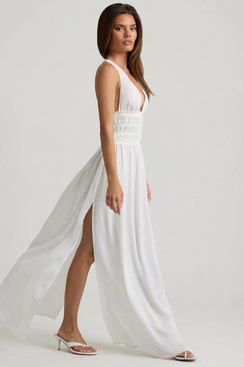 Chic Plunge Cross-Back Maxi Dress in White
