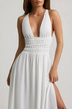 Chic Plunge Cross-Back Maxi Dress in White